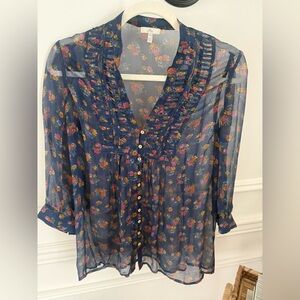 Joie Navy Sheer Floral Button-Front Ruffle Blouse